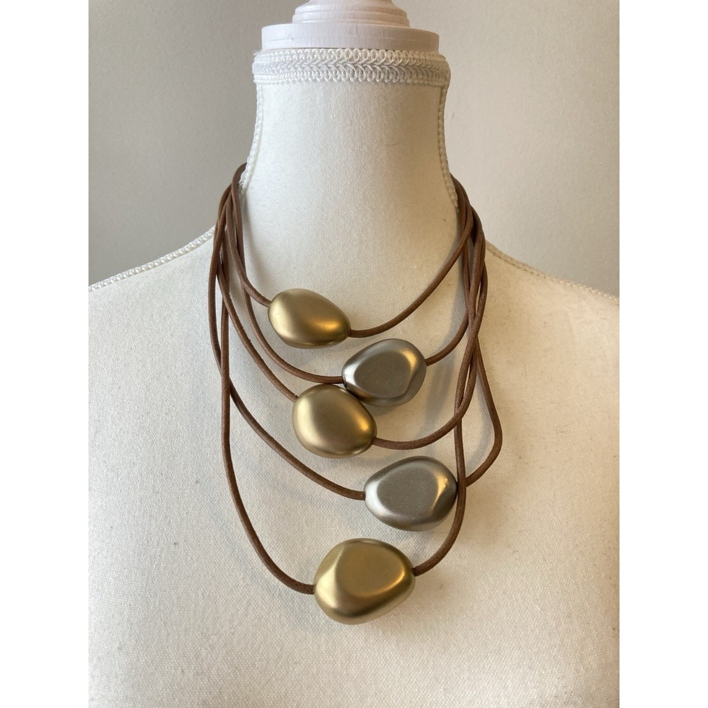 Chunky Pebble Bead Necklace Brown Cord Gold Silver Tone Modern Artsy Magnetic‎